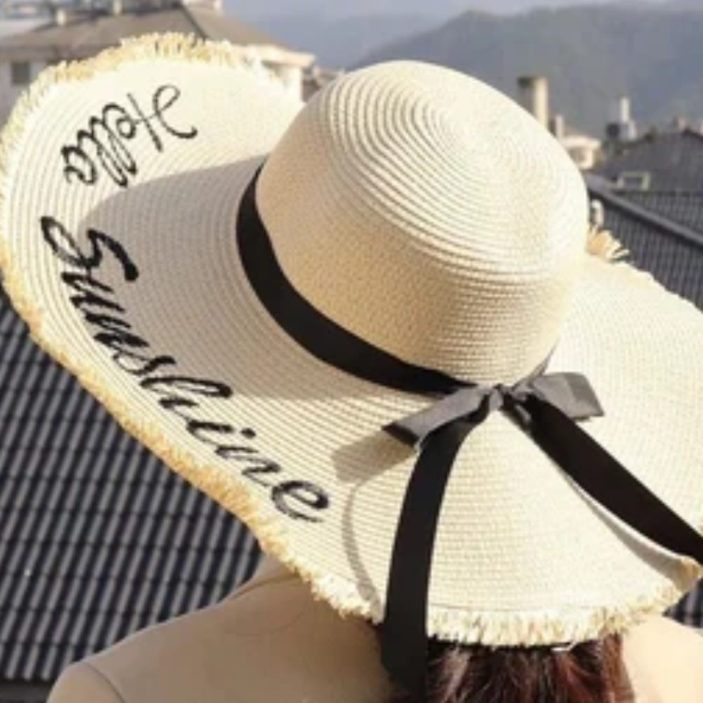 211. CLEARANCE! Cream black Hello Sunshine Straw Beach Hat Bohemian Retro pool - Picture 3 of 7